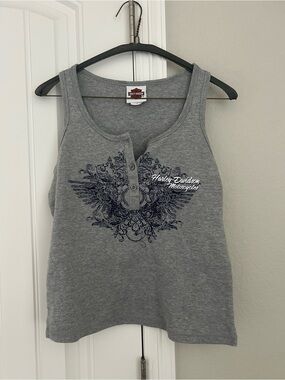 Harley-Davidson Gray Henley Tank with Navy Graphic